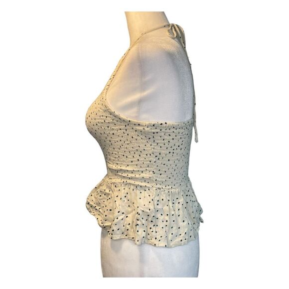Patrons of Peace Polka Dot Halter Top Cream Navy Smocked Peplum Ruched S - Picture 3 of 7